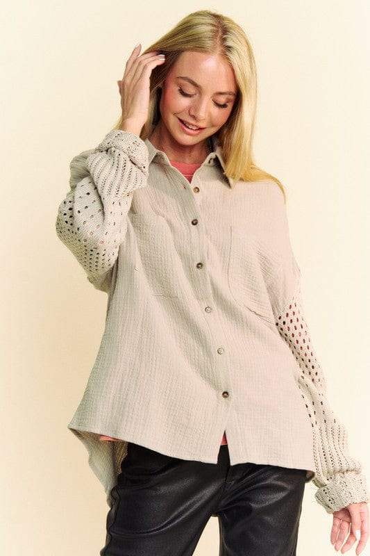 Davi & Dani Crochet Sleeve Crinkled Texture Shirt - Trendsi - Flyclothing LLC