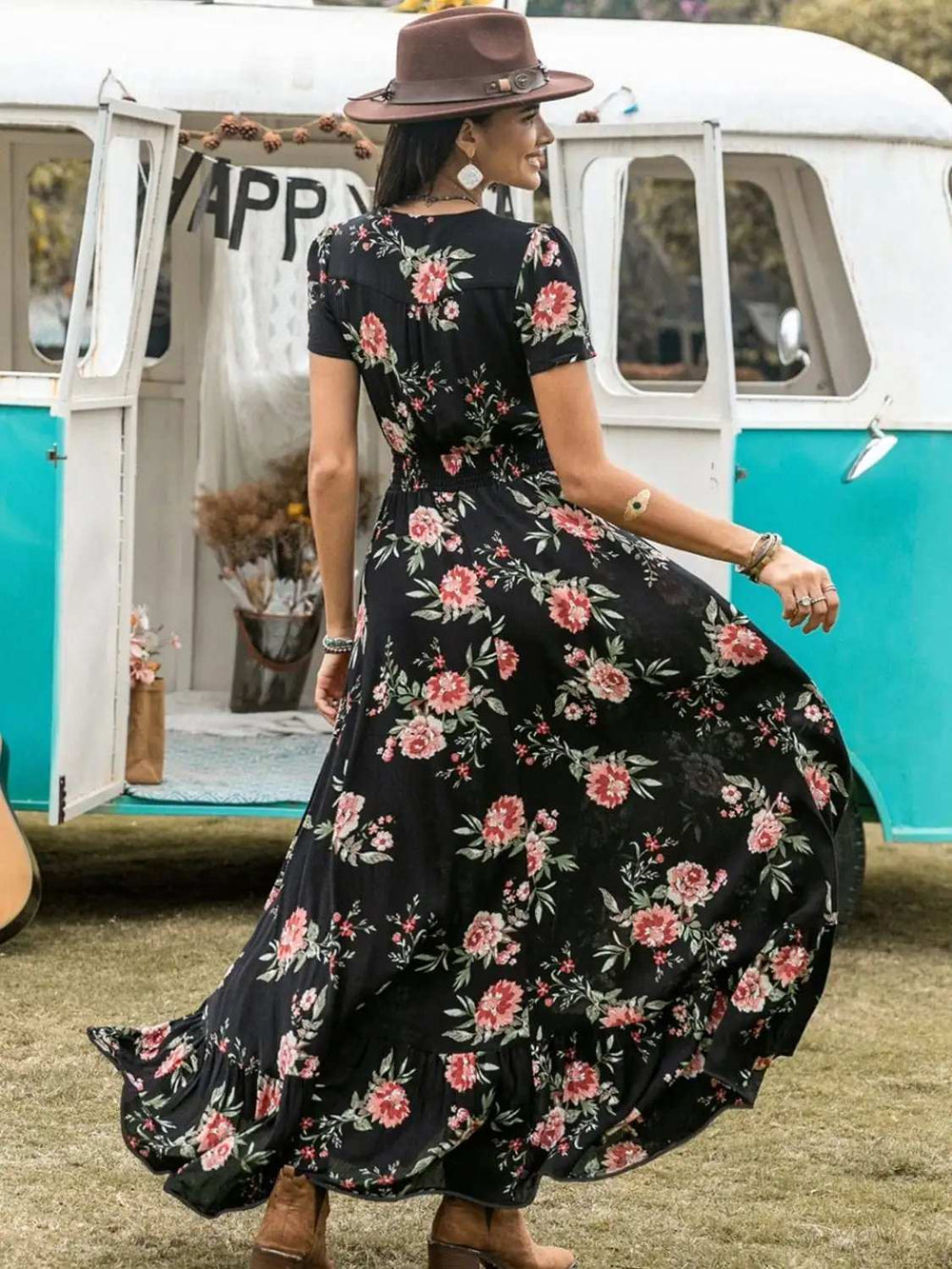 Split Printed V-Neck Short Sleeve Dress - Trendsi - Flyclothing LLC