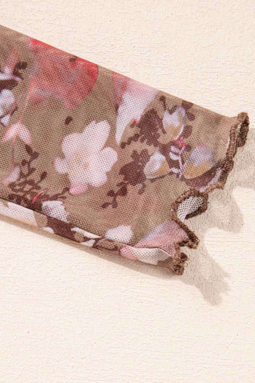 Floral Mock Neck Long Sleeve Sheer Top - Trendsi - Flyclothing LLC