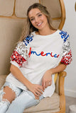 BiBi America Letter Applique Spangle Puff Sleeves Top - Trendsi - Flyclothing LLC