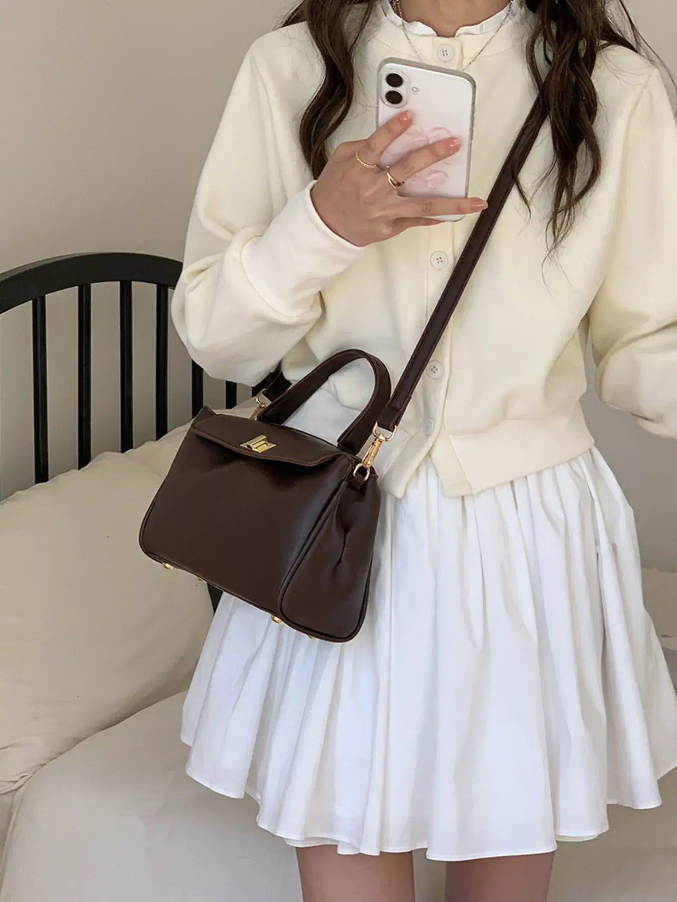 Golden Clasp Leather Crossbody Bag - Trendsi - Flyclothing LLC