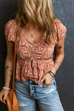 Drawstring Floral V-Neck Short Sleeve Blouse - Trendsi