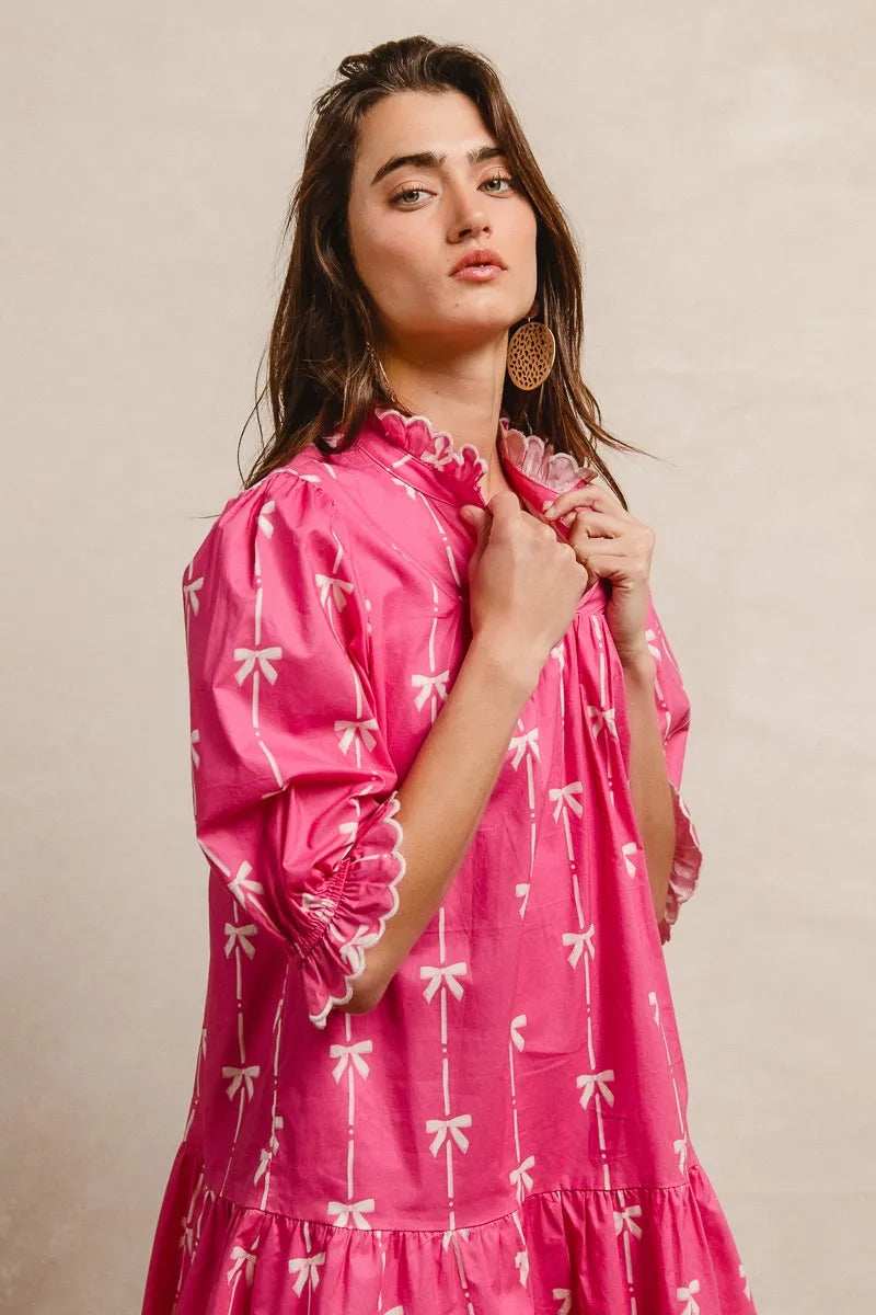 BiBi Ribbon Patterns With Scallops Edge Details Short Sleeve Dress - Trendsi - Flyclothing LLC