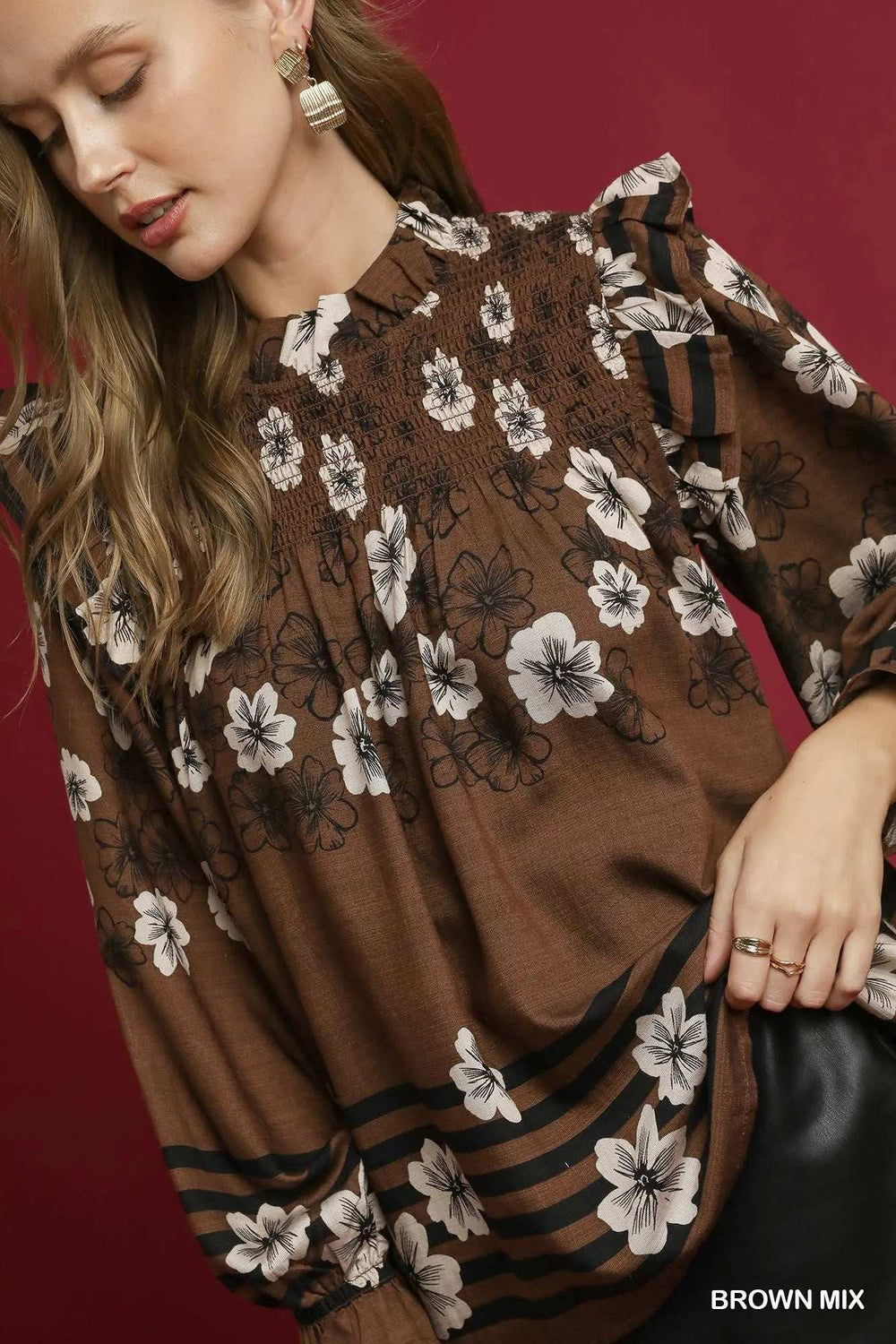 Umgee Full Size Mix Floral Smocked Ruffle Blouse Plus Size - Trendsi - Flyclothing LLC