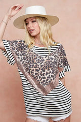 BiBi Stripe Rayon Span Knit Color Block Top With Leopard - Trendsi - Flyclothing LLC