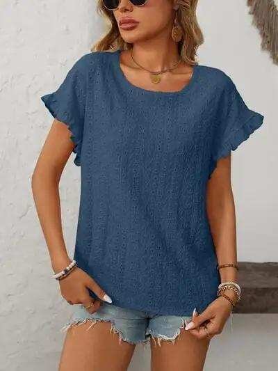 Mandy Eyelet Round Neck Short Sleeve Top - Trendsi - Flyclothing LLC