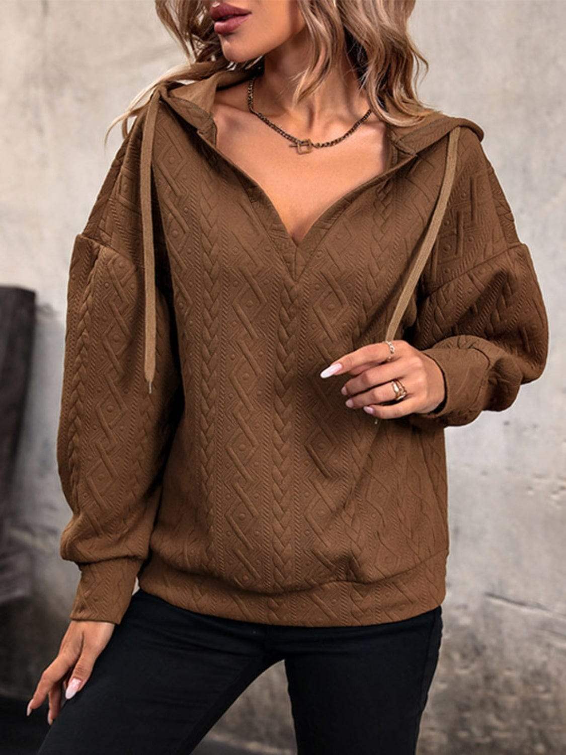 Drawstring Dropped Shoulder Long Sleeve Hoodie - Trendsi - Flyclothing LLC