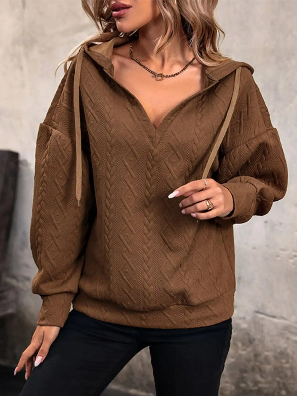 Drawstring Dropped Shoulder Long Sleeve Hoodie - Trendsi