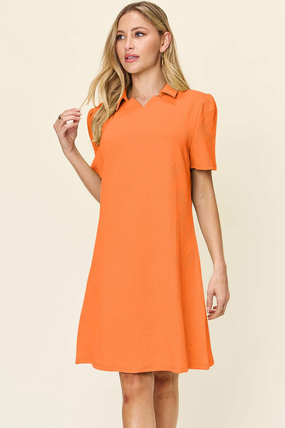 Double Take Full Size Texture Collared Neck Short Sleeve Dress - Trendsi - Flyclothing LLC