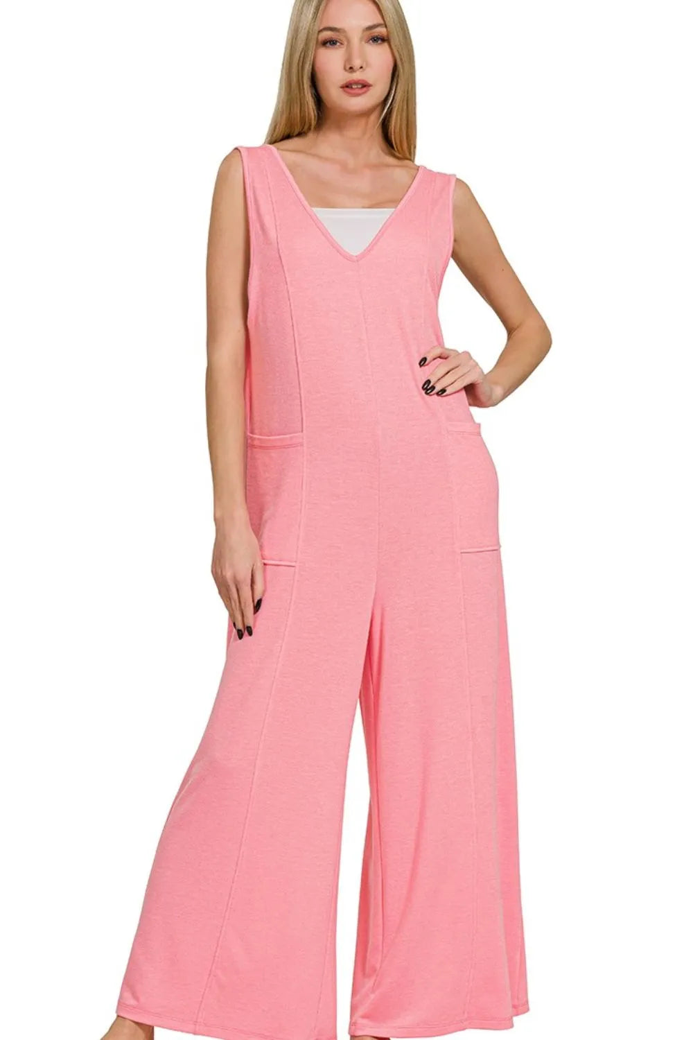 Zenana French Terry Deep V Neck Jumpsuits - Trendsi