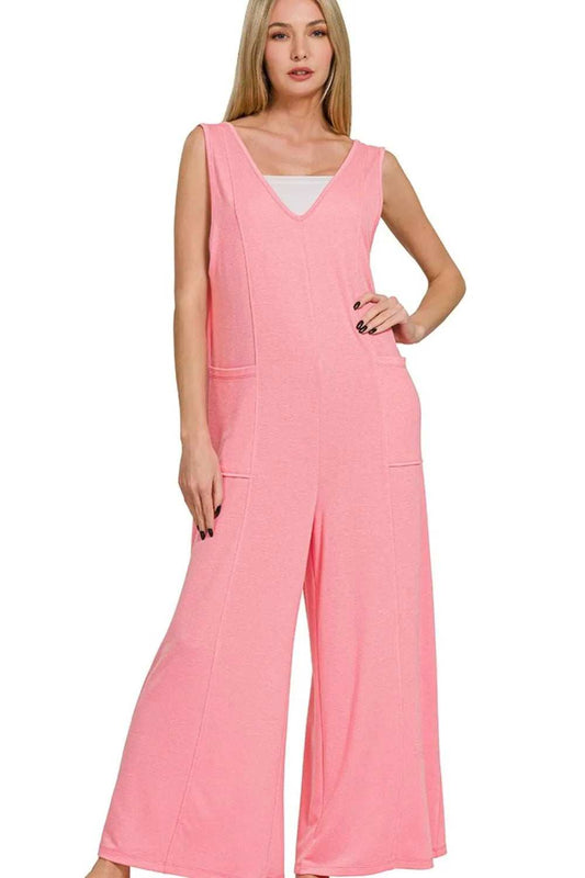 Zenana French Terry Deep V Neck Jumpsuits - Trendsi - Flyclothing LLC