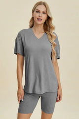 Basic Bae Full Size Ribbed V-Neck Short Sleeve Top and Shorts Set - ShopBasicbae - Flyclothing LLC