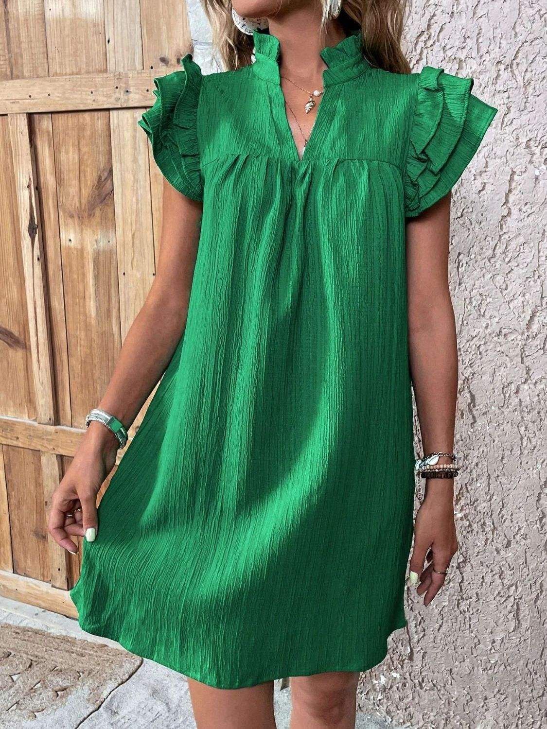 Ruffled Notched Cap Sleeve Mini Dress - Trendsi - Flyclothing LLC