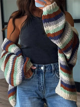 Multi-Color Striped Chunky Knit Open-Front Cardigan - Trendsi - Flyclothing LLC