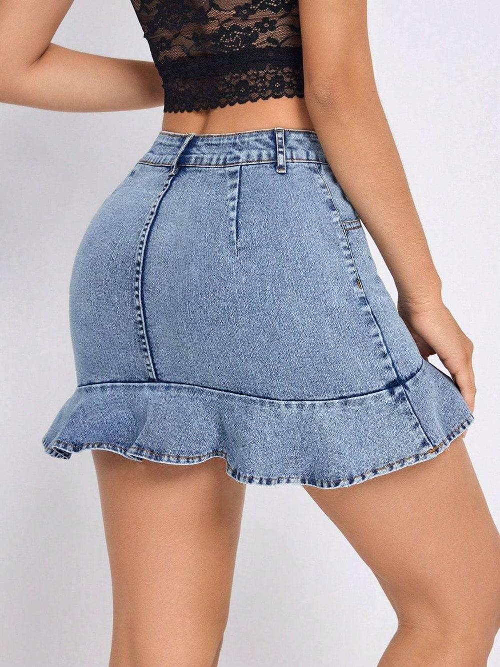 Ruffled Hem Denim Mini Skirt - Trendsi - Flyclothing LLC