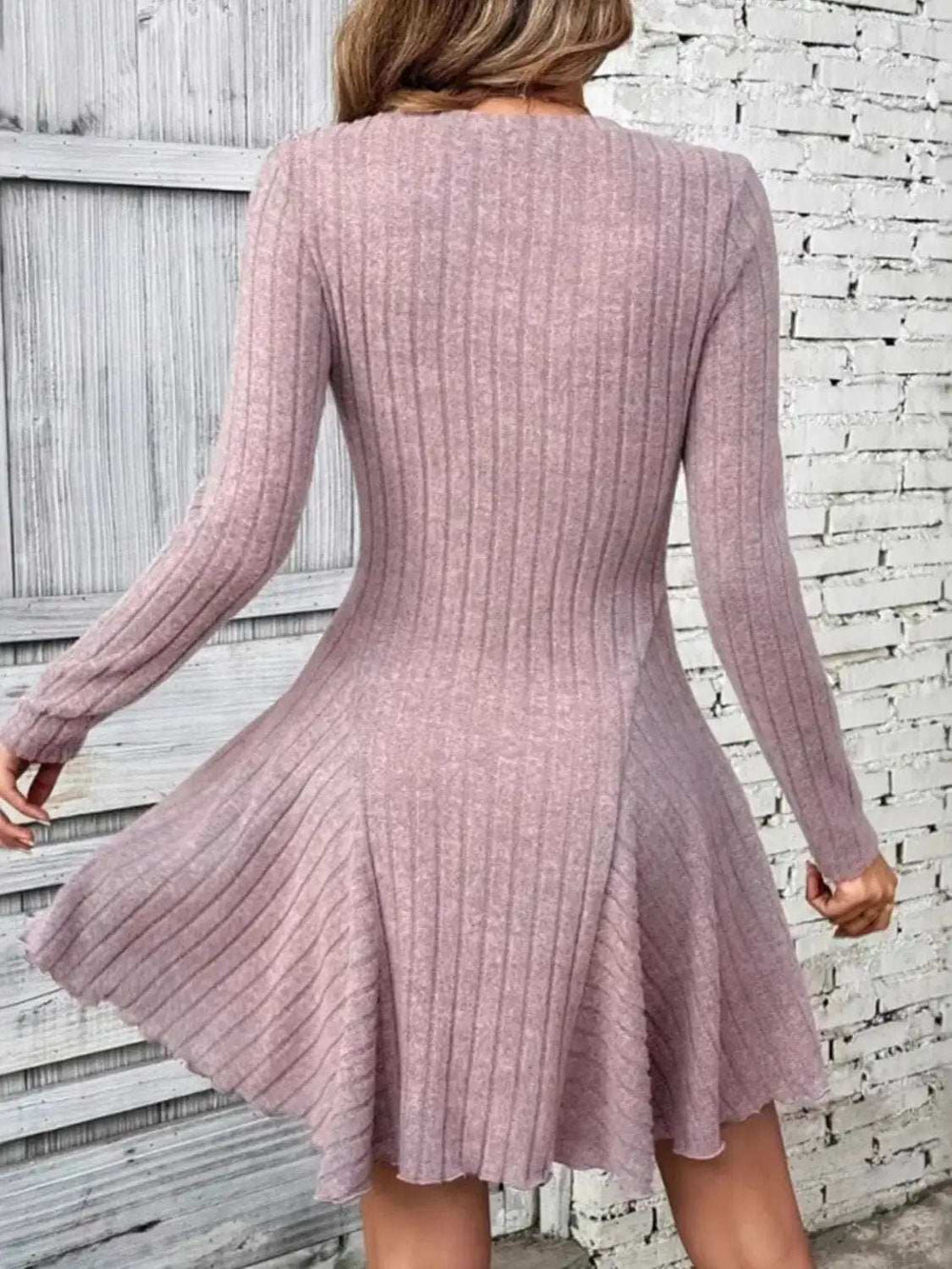 Ribbed Round Neck Long Sleeve Mini Dress - Trendsi - Flyclothing LLC
