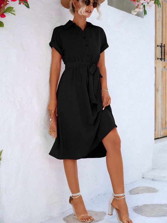 Buttoned Tie Waist Short Sleeve Dress - Trendsi - Flyclothing LLC