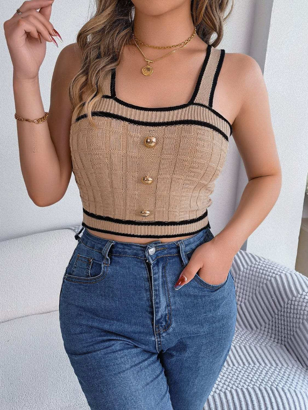 Decorative Button Wide Strap Knit Cami - Trendsi - Flyclothing LLC