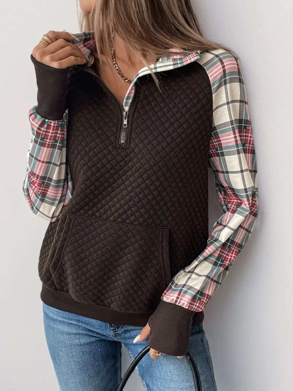 Perfee Plaid Half Zip Long Sleeve Sweatshirt - Trendsi - Flyclothing LLC