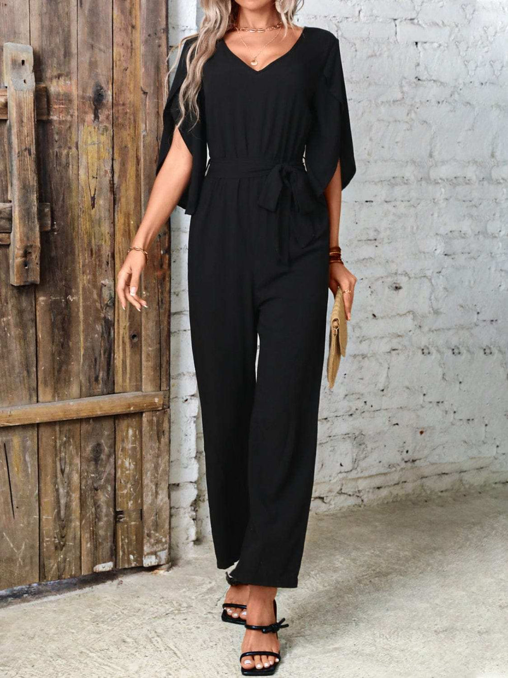 Tied V-Neck Half Sleeve Wide Leg Jumpsuit - Trendsi - Flyclothing LLC