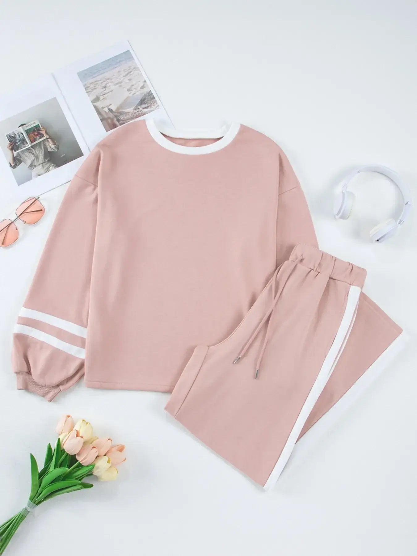 Contrast Trim Round Neck Top and Pants Set - Trendsi - Flyclothing LLC