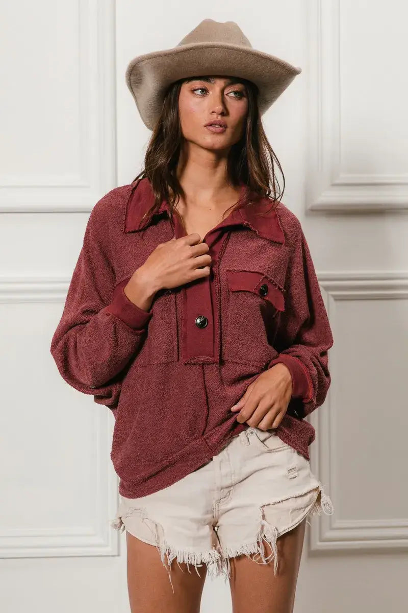 BiBi Cp French Terry Cut Edge Detail Collared Top - Trendsi - Flyclothing LLC