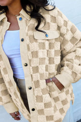 Plush Checkered Corduroy Trim Metal Button Long Sleeve Shift Silhouette Shacket - Trendsi - Flyclothing LLC