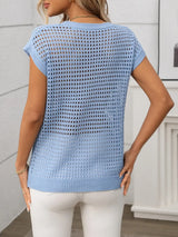 Openwork Round Neck Short Sleeve Knit Cover Up - Trendsi - Flyclothing LLC