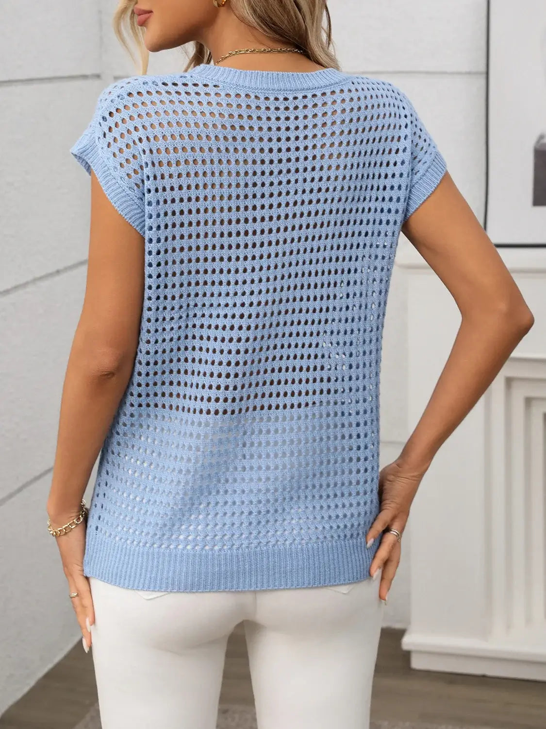 Openwork Round Neck Short Sleeve Knit Cover Up - Trendsi - Flyclothing LLC
