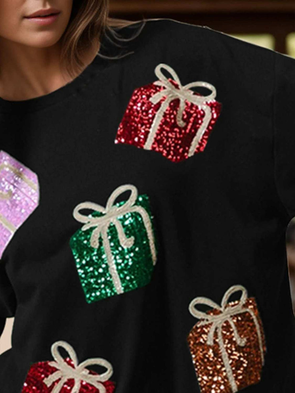 Sequin Gift Box Long Sleeve Sweatshirt - Trendsi - Flyclothing LLC