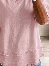 Full Size Frayed Edge V-Neck Blouse Plus Size - Trendsi - Flyclothing LLC