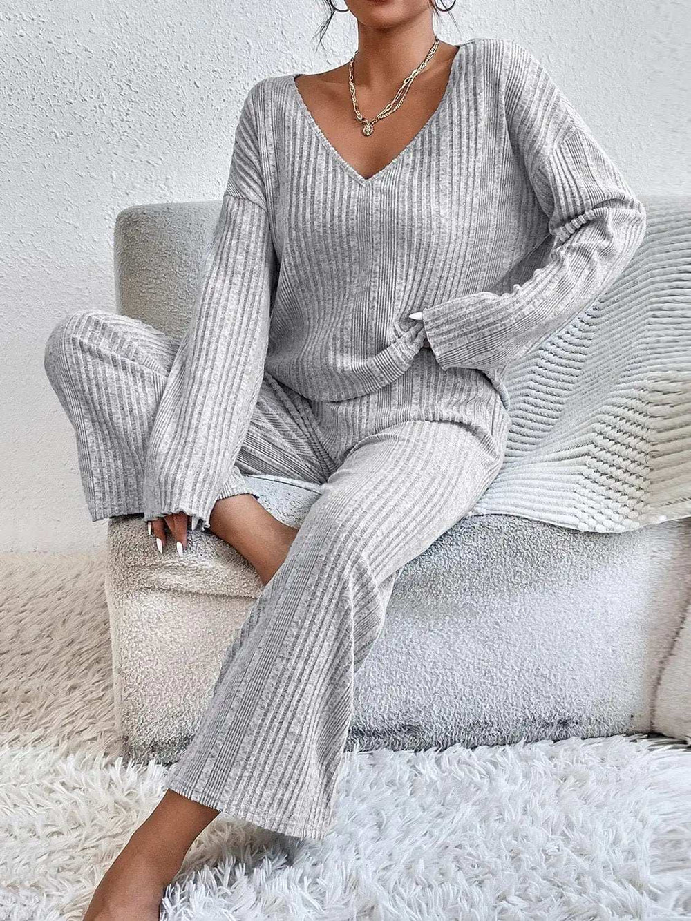 V-Neck Long Sleeve Top and Pants Set - Trendsi - Flyclothing LLC