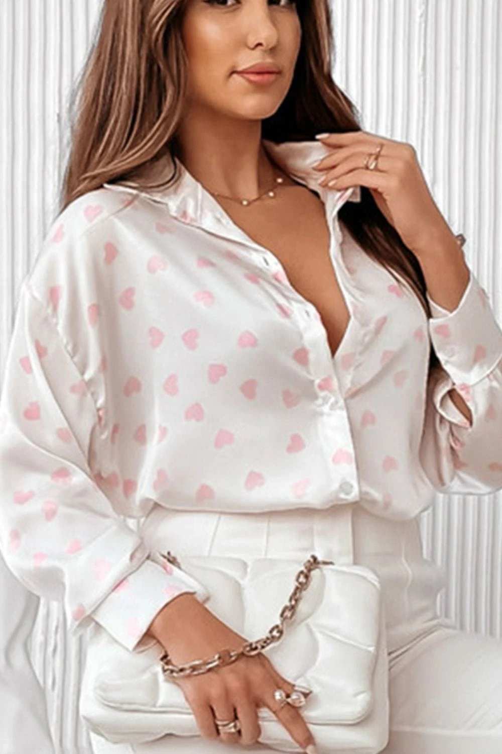 Heart Print Collared Neck Long Sleeve Shirt - Trendsi - Flyclothing LLC