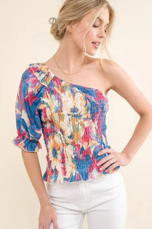 And The Why Allover Floral Print Smocked One Shoulder Blouse - Trendsi - Flyclothing LLC