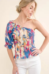 And The Why Allover Floral Print Smocked One Shoulder Blouse - Trendsi - Flyclothing LLC