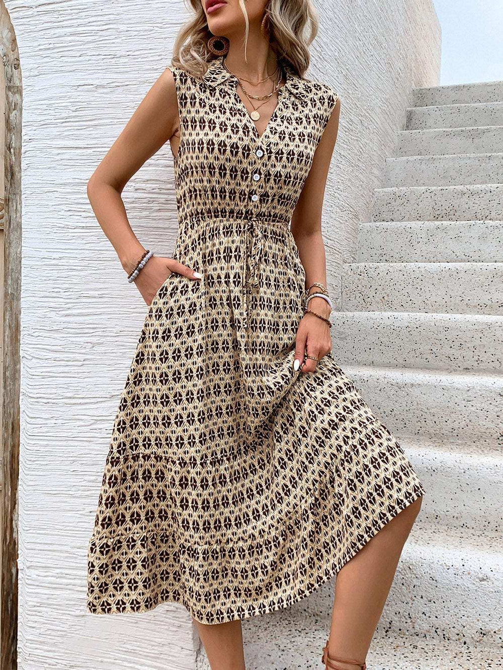 Printed Johnny Collar Midi Dress - Trendsi - Flyclothing LLC