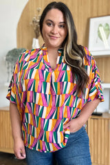 Double Take Full Size Geometric Notched Dolman Sleeve Top - Trendsi - Flyclothing LLC