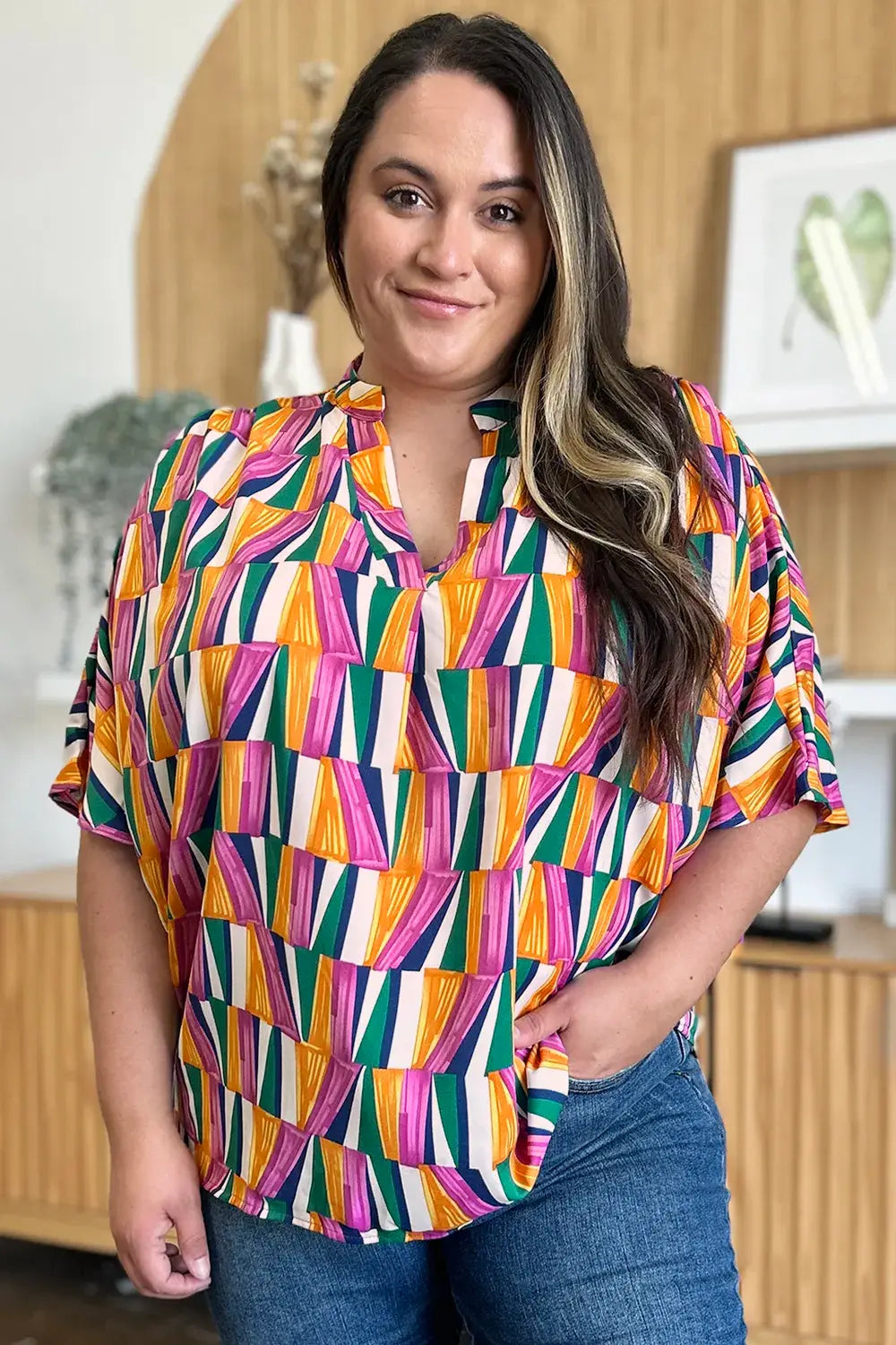 Double Take Full Size Geometric Notched Dolman Sleeve Top - Trendsi - Flyclothing LLC
