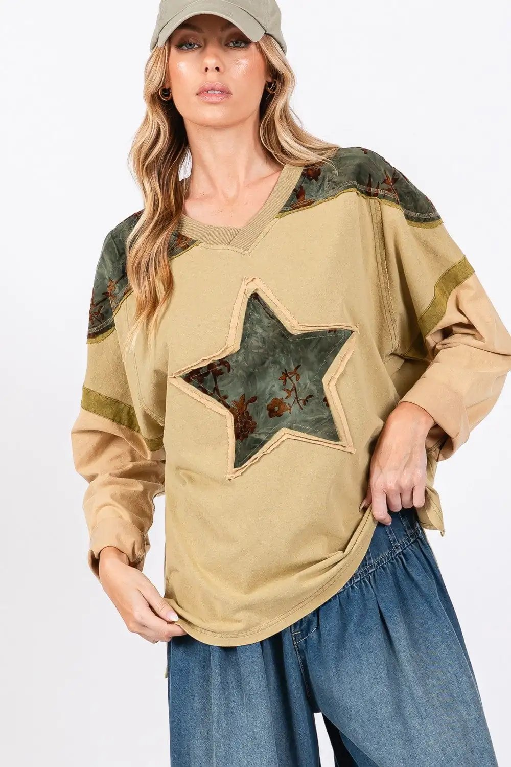 SAGE + FIG Star Patch Long Sleeve Color Block T-Shirt - Trendsi
