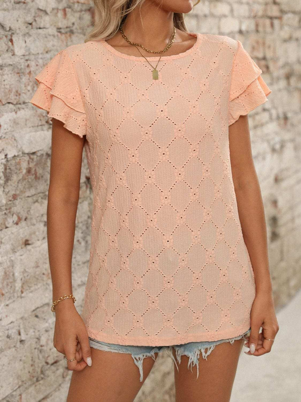 Eyelet Round Neck Double Layered Ruffled Short Sleeve Top - Trendsi - Flyclothing LLC