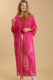 Umgee Full Size Floral Lace Open Front Long Kimono with Waist Tie Plus Size - Trendsi