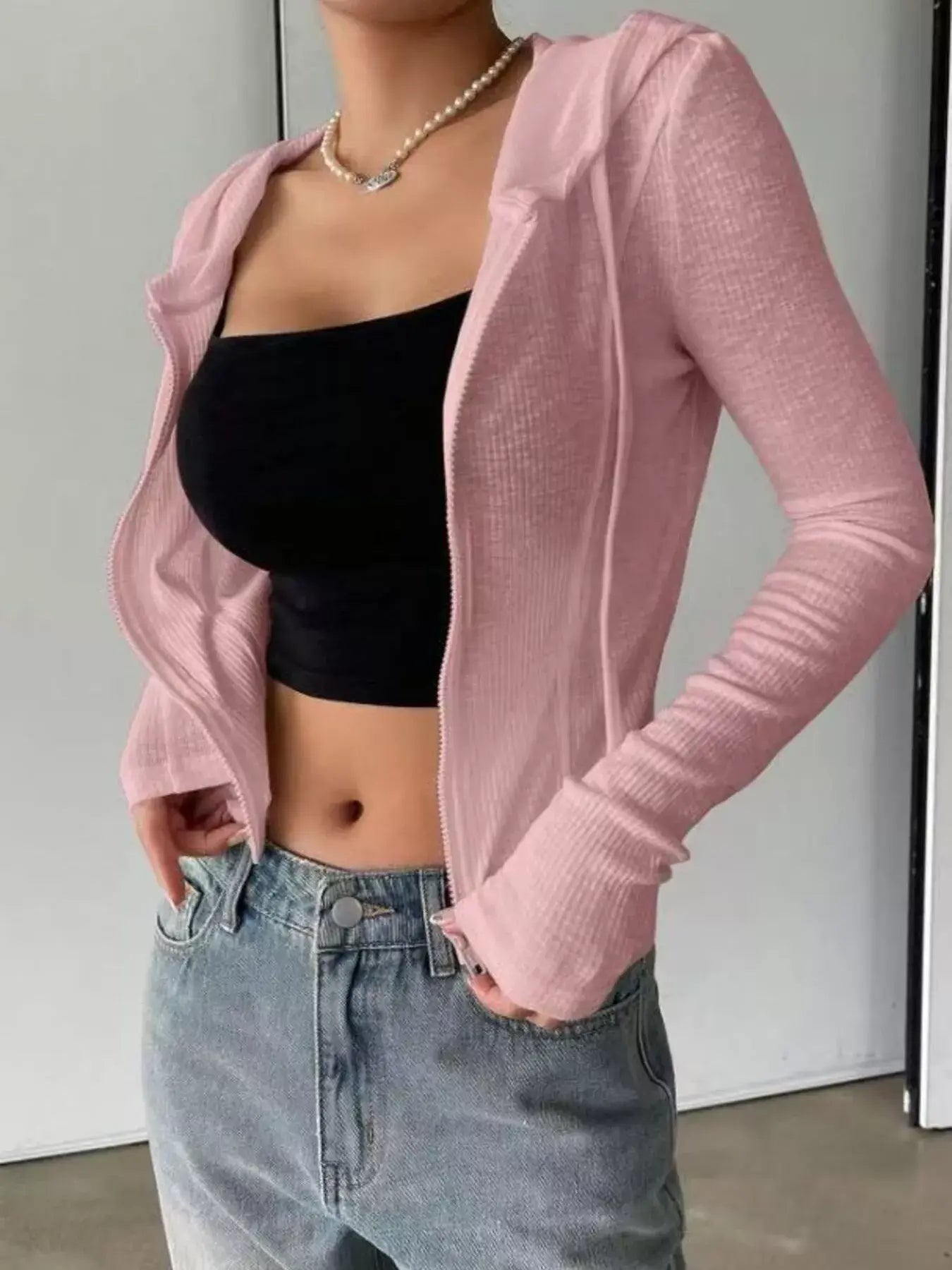 Ribbed Knit Cropped Zip-Up Outerwear - Trendsi - Flyclothing LLC