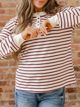 Striped Drop Shoulder Long Sleeve Henley Top - Trendsi - Flyclothing LLC