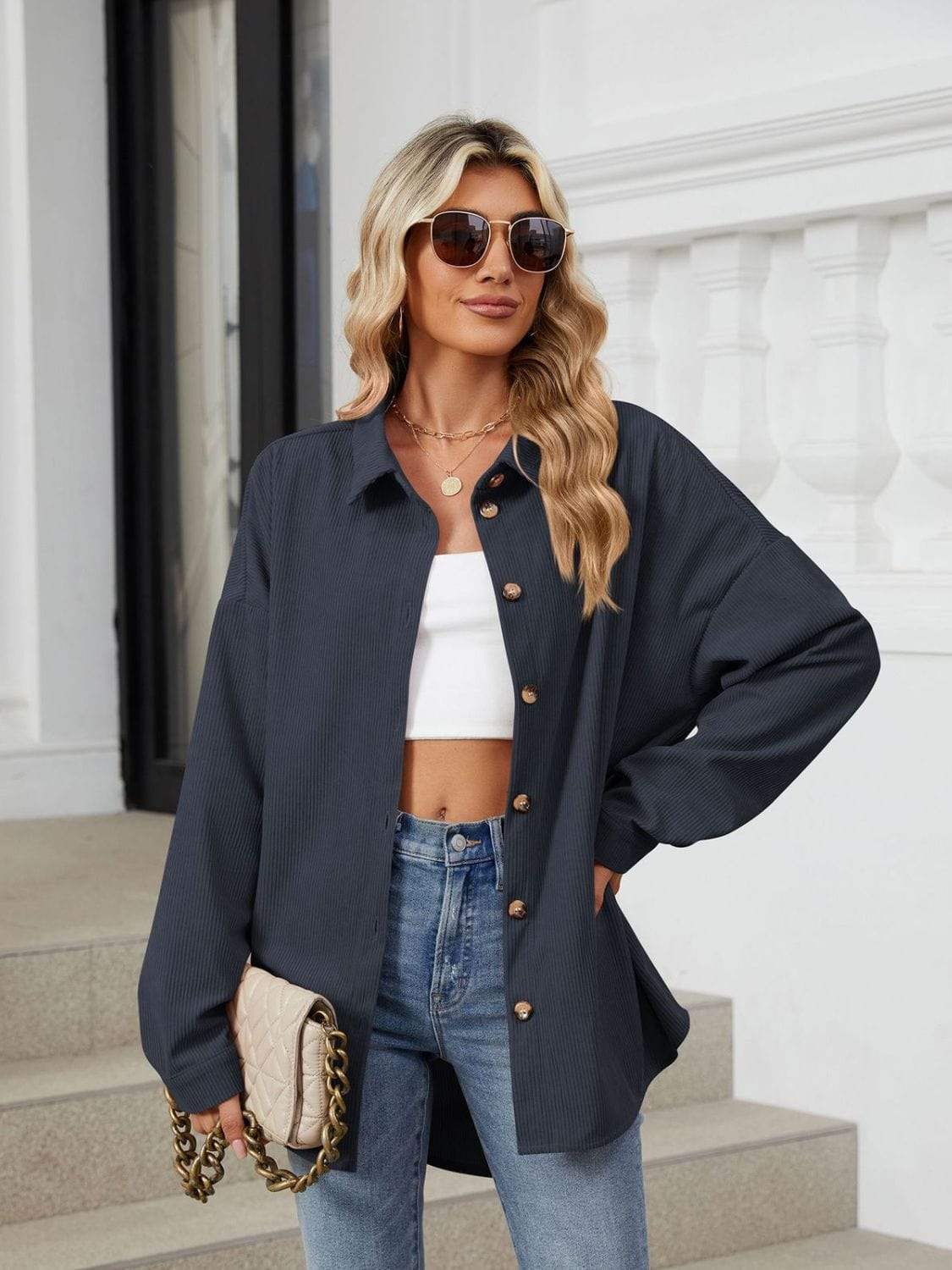 Collared Neck Long Sleeve Dropped Shoulder Shirt - Trendsi - Flyclothing LLC