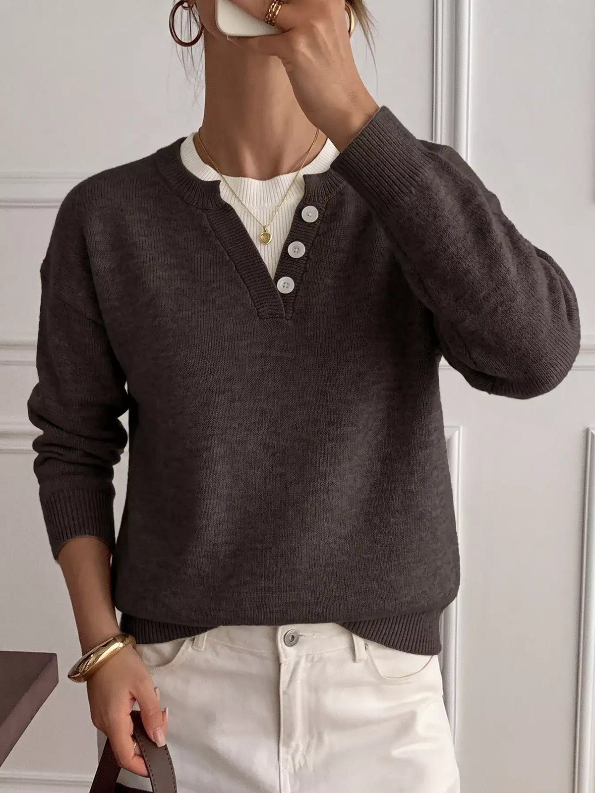 Decor Button-Placket Ribbed Knit Sweater - Trendsi - Flyclothing LLC