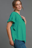 Umgee Full Size Raw Hem Ruffle Short Sleeve Blouse Plus Size - Trendsi