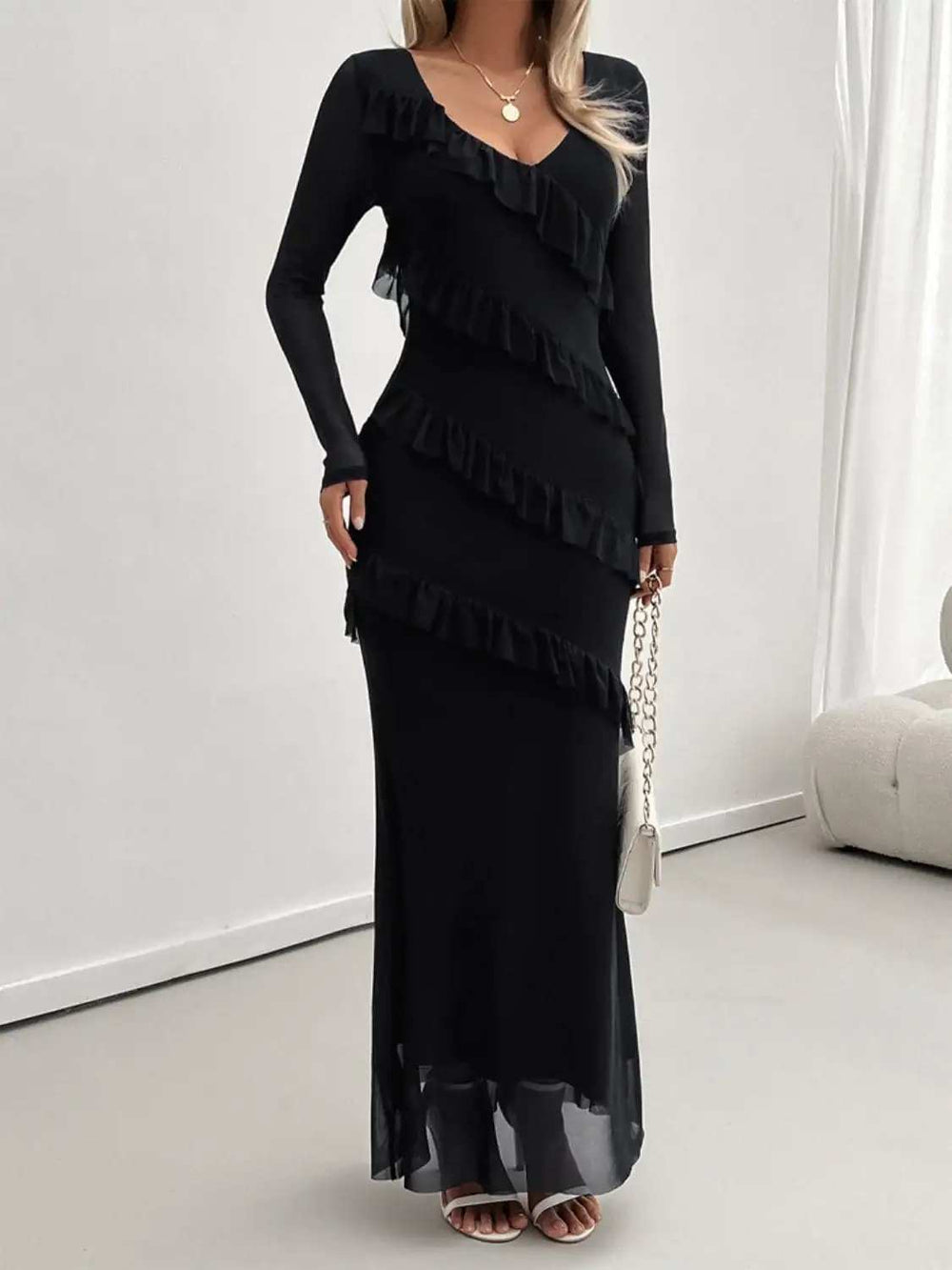 Devine Ruffled Surplice Long Sleeve Maxi Dress - Trendsi - Flyclothing LLC