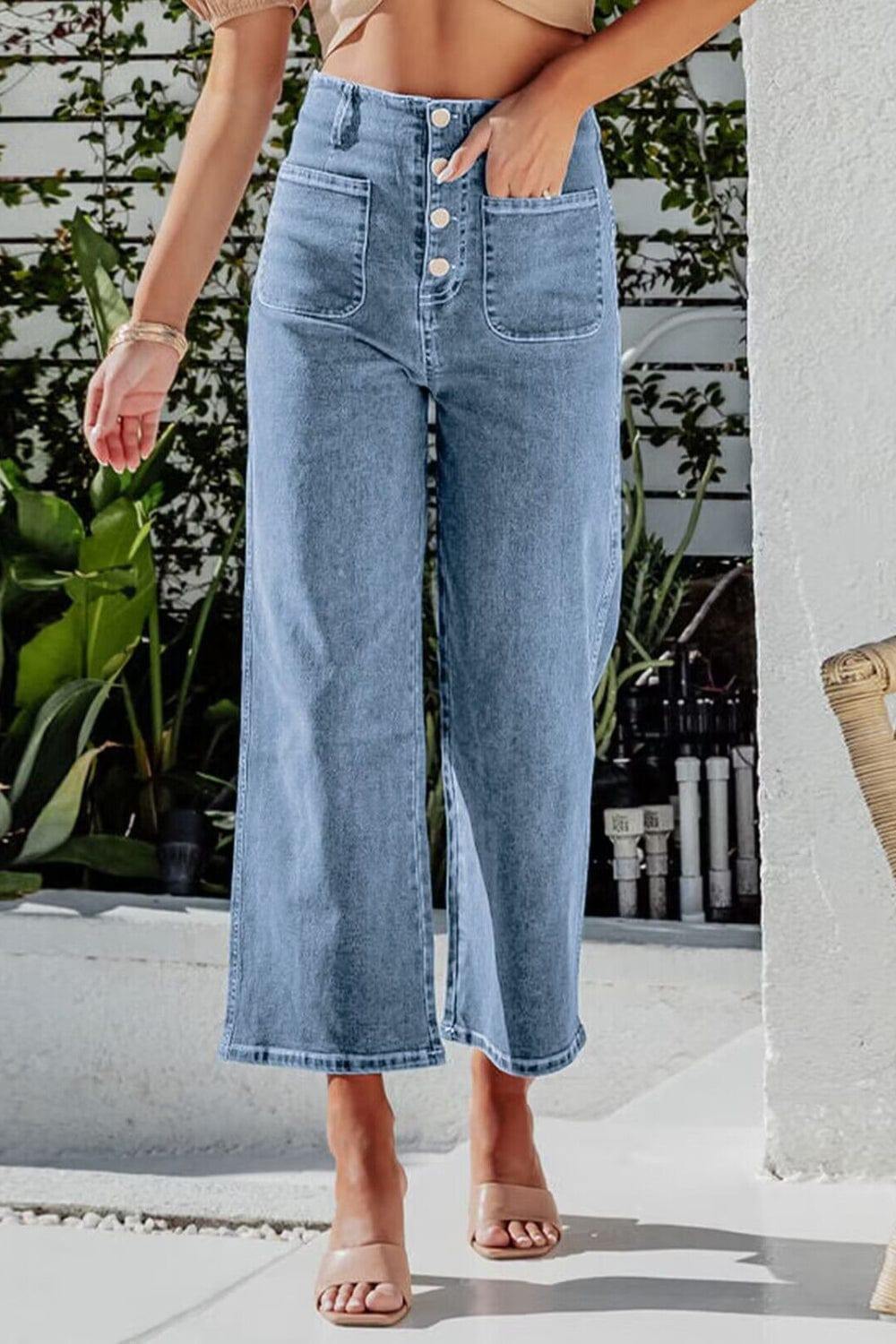 Button Fly Cropped Wide Leg Jeans - Trendsi