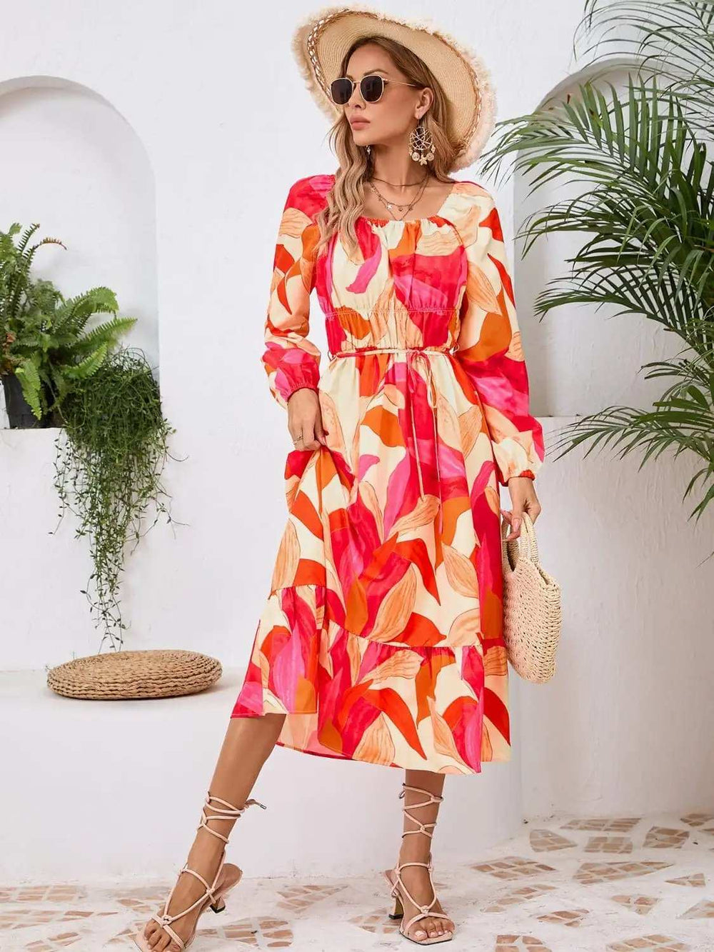 Printed Long Sleeve Midi Dress - Trendsi - Flyclothing LLC