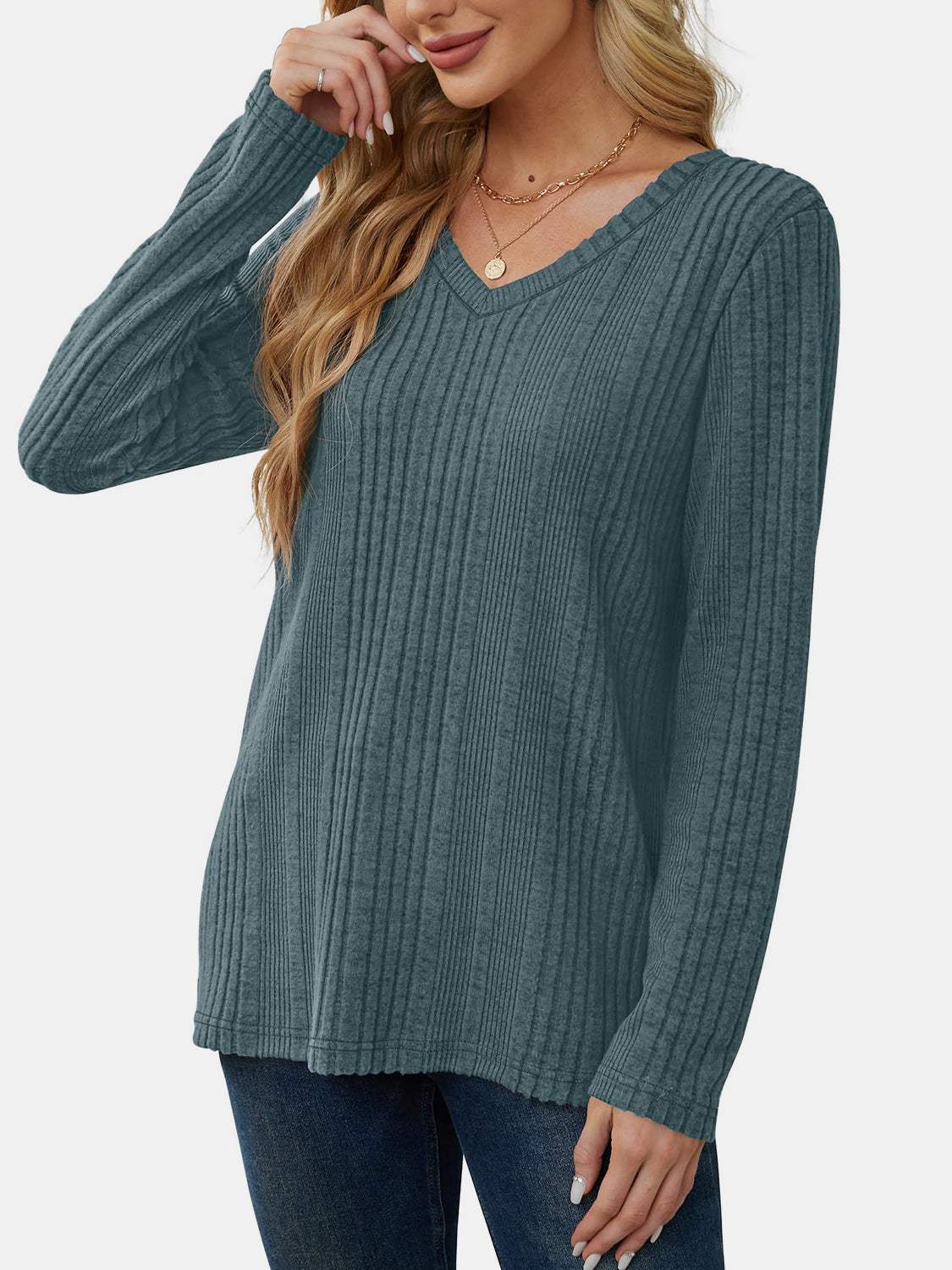 V-Neck Long Sleeve T-Shirt - Trendsi - Flyclothing LLC